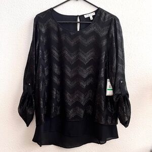 Chaus New York Black Tunic Blouse with Silver Sparkle, Size L, New with Tags